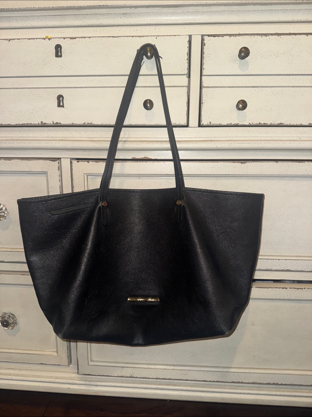 Elaine Turner Black Leather Tote with Gold Accent